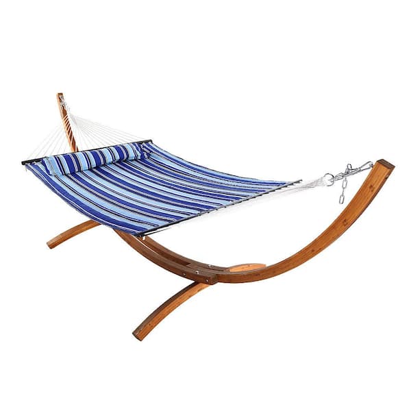 Sunnydaze Decor 10-3/4 ft. Quilted 2-Person Hammock with 12 ft. Wooden Curved Arc Stand in Catalina Beach