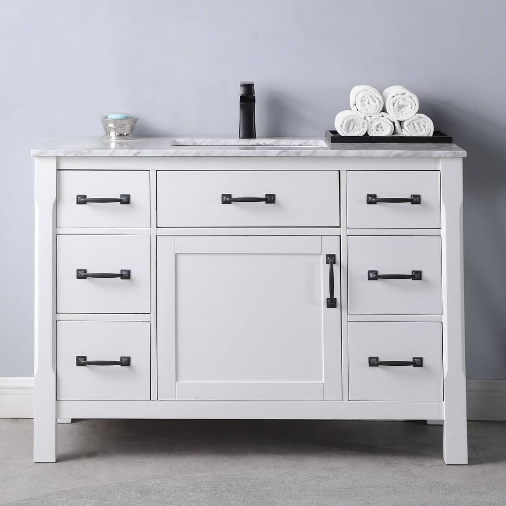 Maribella 48" White Marble Single Vanity with Black Hardware
