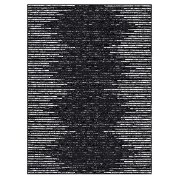 Washable Black 4 ft. x 6 ft. Modern Striped Printed Rug Low Pile Soft Thin Carpet Stain Resistant Non-Slip, Area Rug
