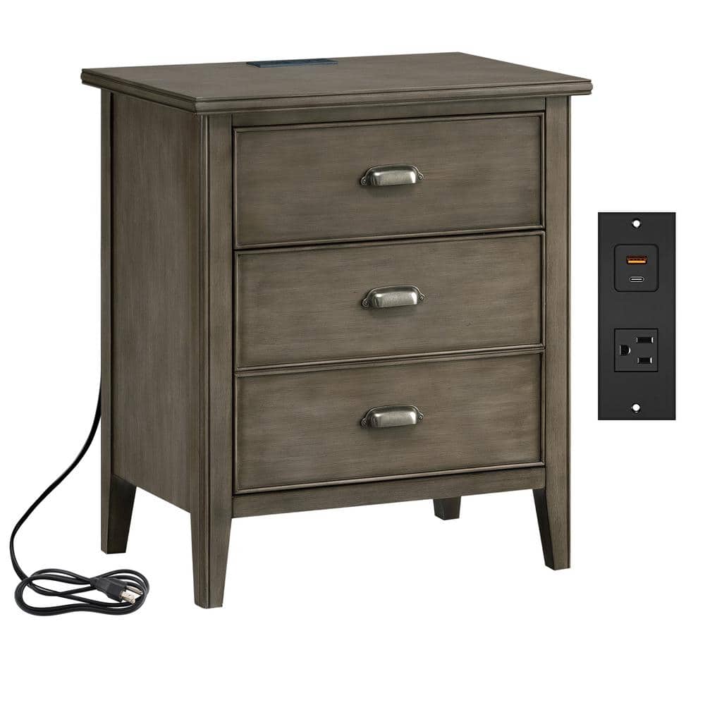 Laurent Smoke Gray Solid Wood Nightstand with USB-C Charging Station