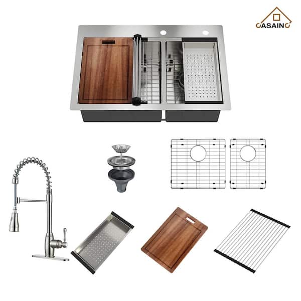 CASAINC Handmade 33 in. All-in-One Topmount Drop-in Double Bowl 18-Gauge Stainless Steel Kitchen Sink with Kitchen Faucet