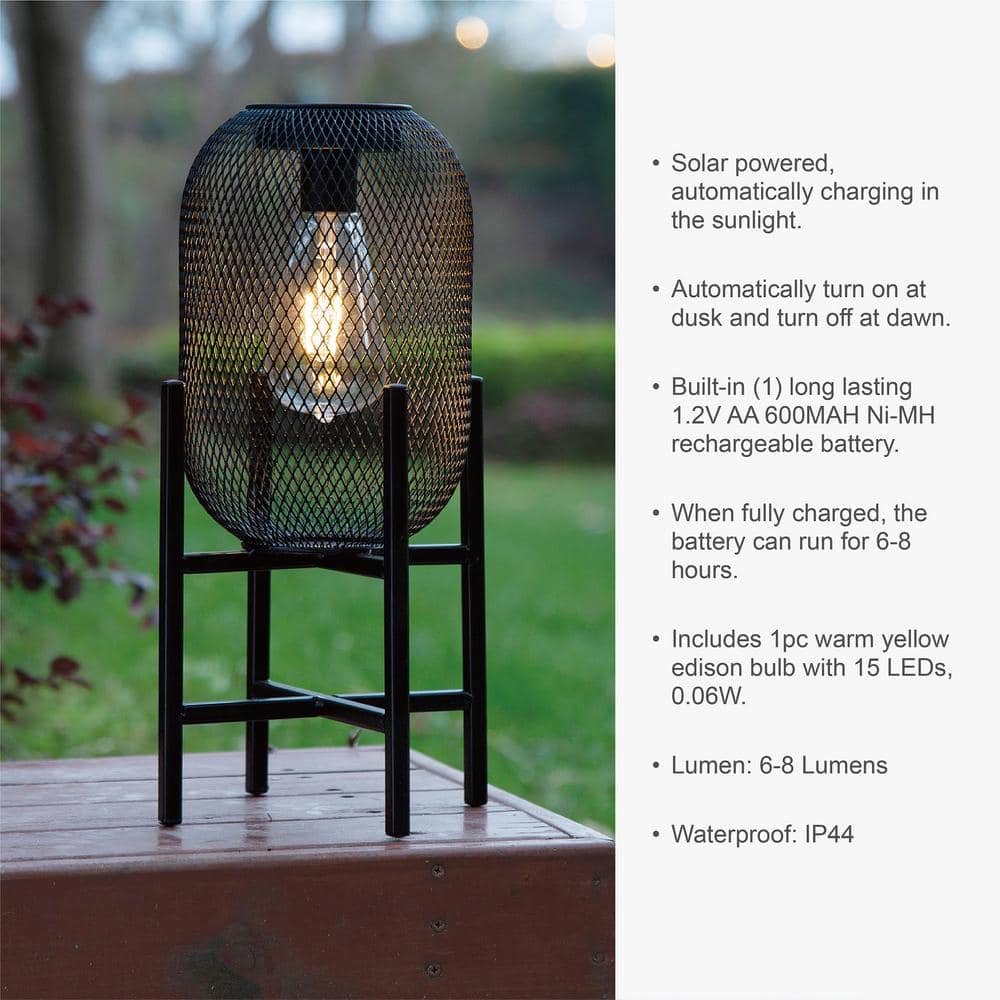 14.25" Black Metal Mesh Solar Outdoor Lantern with Stand