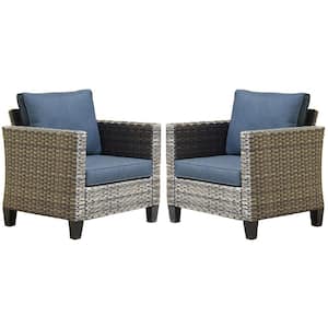New Vultros Gray 2-Piece Wicker Outdoor Lounge Chair with Blue Cushions