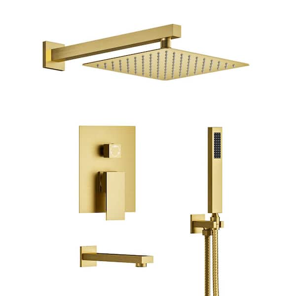 CRANACH Double Handles 3-Spray 10 in. Wall Mount Shower Head Tub and Shower Faucet 2.5 GPM in Brushed Gold(Valve Included)