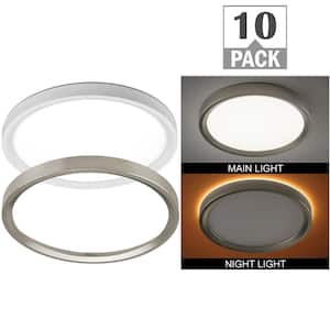 13 in. Adjust Color Temp LED Flush Mount Ceiling Light w/Night Light Optional White and Brushed Nickel Trim (10-Pack)