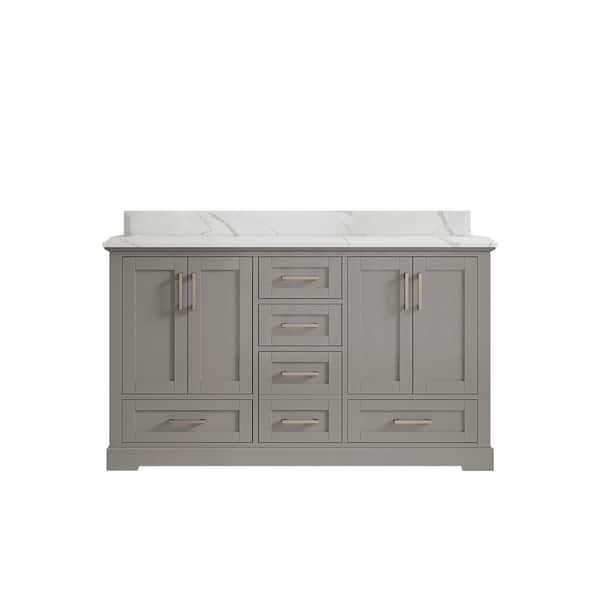 Willow Collections Boston 60 in. W x 22 in. D x 36 in. H Double Sink Bath Vanity in Elephant Gray with 1.5 in. Calacatta Quartz Top