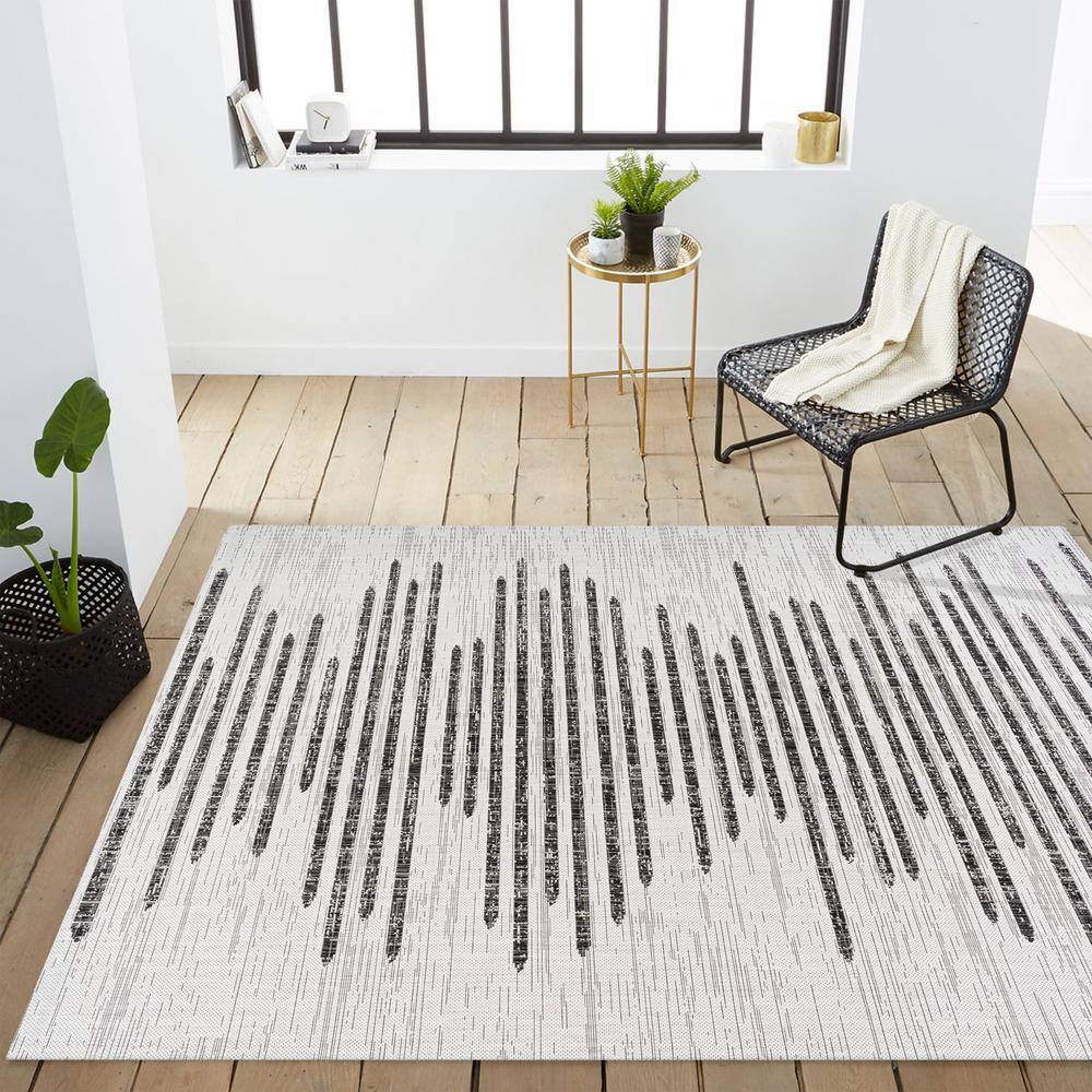 Ivory & Black Striped Synthetic 4' x 6' Easy-Care Area Rug