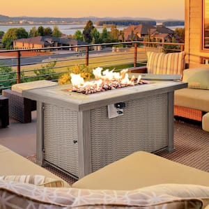 42 in. 50,000 BTU Rectangular Wicker Gas Outdoor Patio Fire Pit Table in Grey with Lid, Lava Rocks and Cover