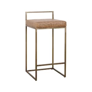 26 in. Brown Low Back Metal Frame Counter Height Stool with Leather Seat