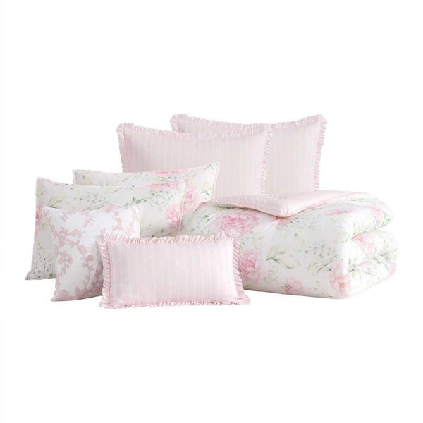 掛け布団 7点セット Laurel 7/Pink Laura Ashley Serenity Roses Reversible 7-Piece Light Pink Cotton