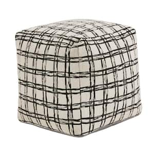 Ivory and Black Plaid Pattern Fabric Upholstered Square Pouf Ottoman