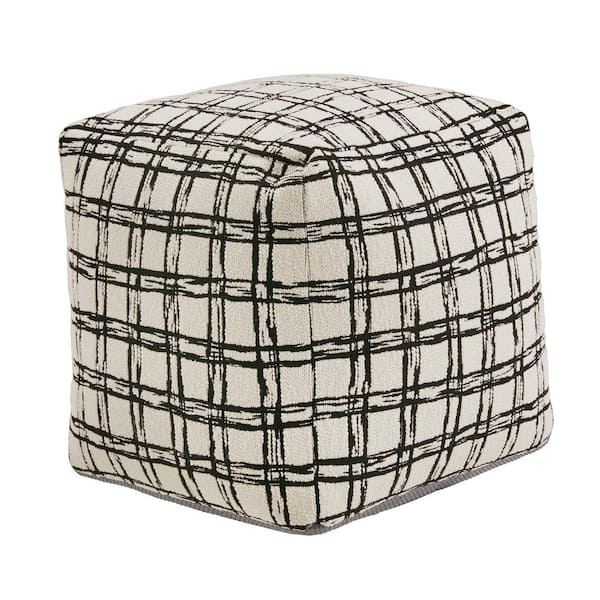 HomeSullivan Ivory and Black Plaid Pattern Fabric Upholstered Square Pouf Ottoman