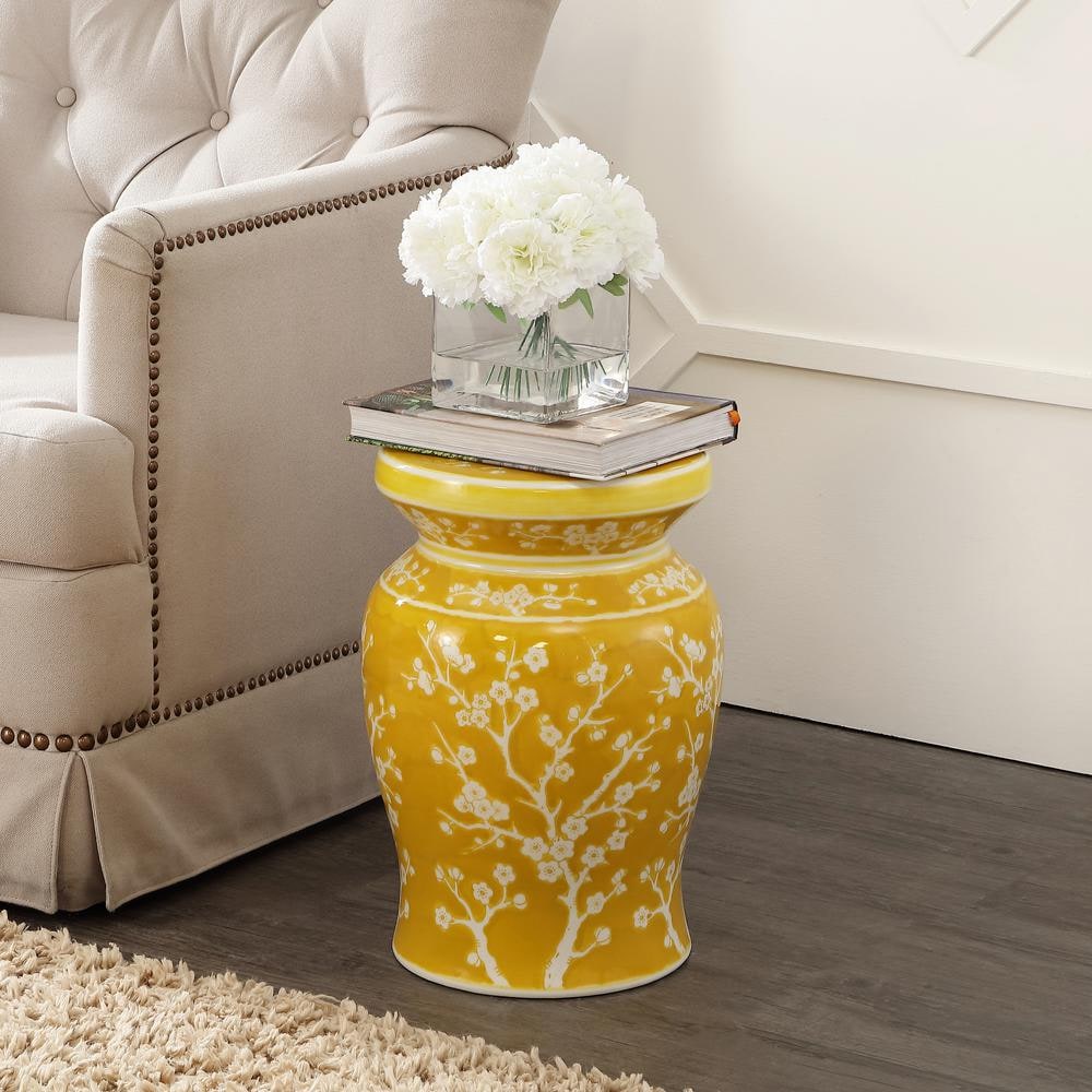 Yellow Ceramic Cherry Blossom Garden Stool 17.75"