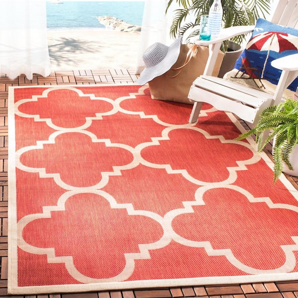 Courtyard Red 8 ft. x 8 ft. Square Geometric Indoor/Outdoor Patio  Area Rug
