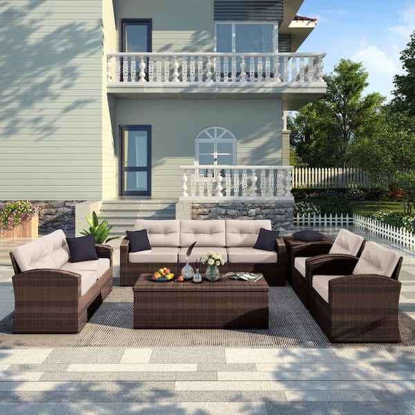 LAUREL CANYON 6-Piece Wicker Outdoor Patio Sectional Conversation Seating Set with Light Grey Cushions