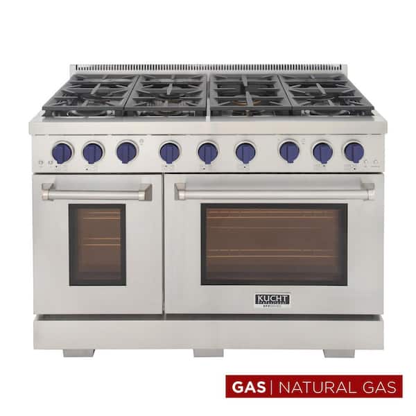 Pro-Style 48 in. 6.7 cu. ft. Double Oven Gas Range with 25K Power Burner in Stainless Steel and Blue Knobs