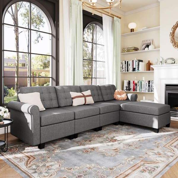 102.2 in. Modern L Shaped Linen Sectional Sofa in Gray with 1-Ottoman