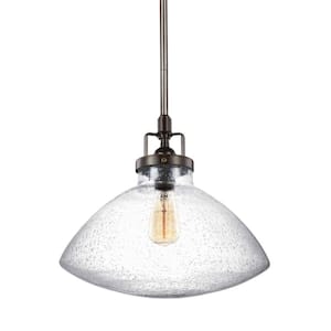 Belton 12.625 in. 1-Light Bronze Transitional Industrial Hanging Pendant with Clear Seeded Glass Shade