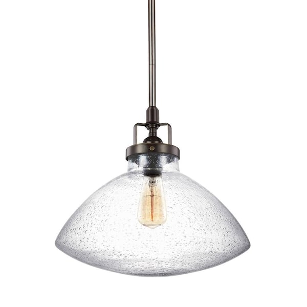 Generation Lighting Belton 12.625 in. 1-Light Bronze Transitional Industrial Hanging Pendant with Clear Seeded Glass Shade