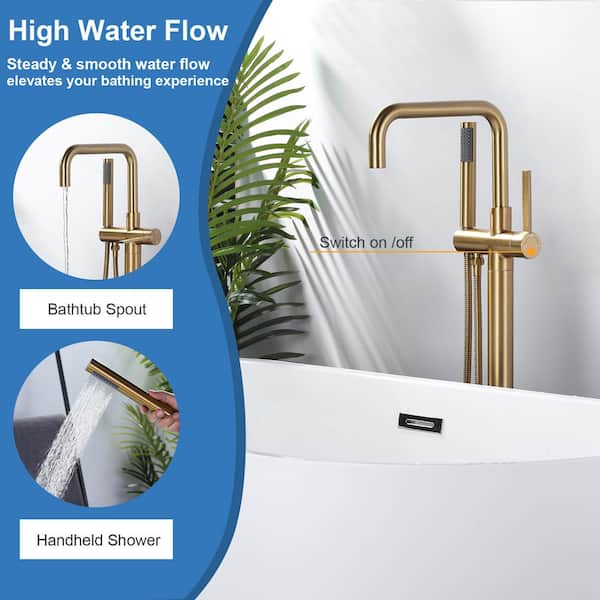 Single-Handle Freestanding Tub Faucet Floor Mount Bathtub Filler with Hand Shower in. Brushed Gold