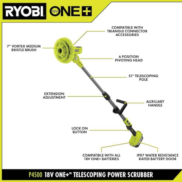 RYOBI ONE+ 18V Cordless Telescoping Power Scrubber Kit with 2.0 Ah