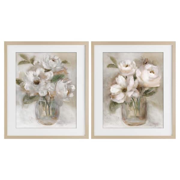 Brushed White & Beige Roses 2 Piece Birch Framed Print Under Glass Set, design by Nan