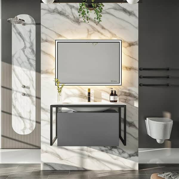 Eviva Modena 32 in. W x 18 in. D x 19 in. H Floating Bathroom Vanity in Gray with White Solid Surface Top with White Sink