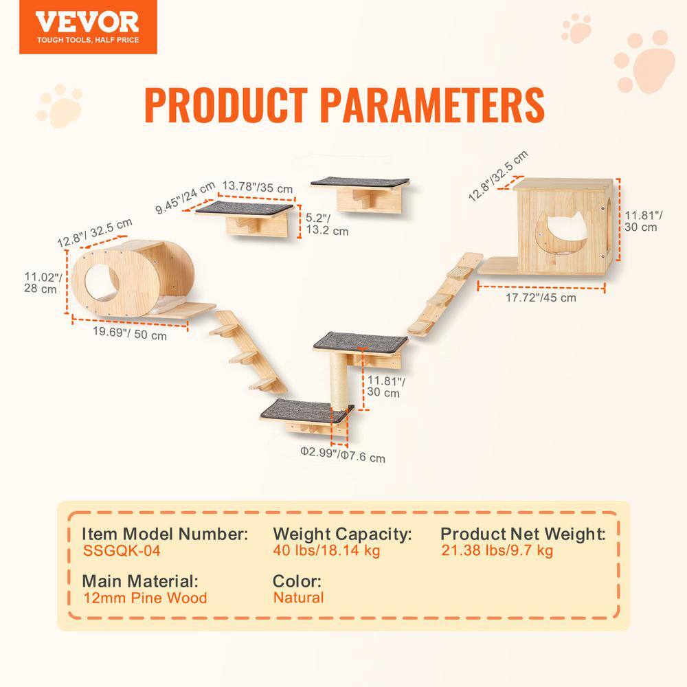 Natural Pine Wood Wall Mounted Cat Shelves Set with Hammocks