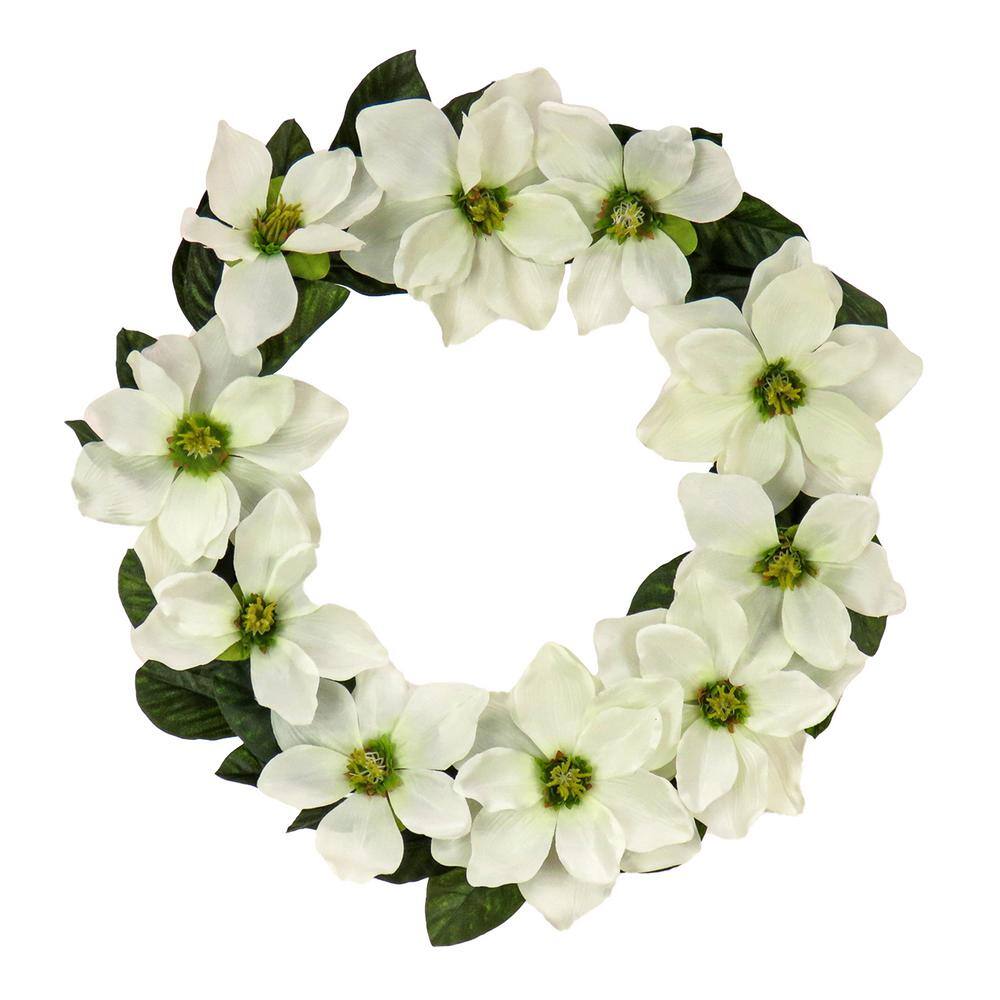 24" Cream Artificial Magnolia Wreath with Green Leaves