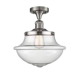 Franklin Restoration Small Oxford 11.75 in. 1-Light Brushed Satin Nickel Semi-Flush Mount with Seedy Glass Shade