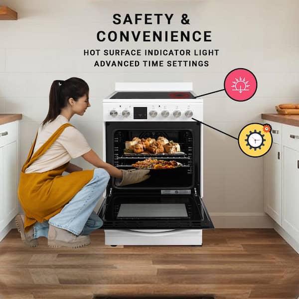 20 in. Electric Cooking Range 4-Elements Ceramic Burners Freestanding 1.9cu. ft. Convection Oven plus Air Fryer in White