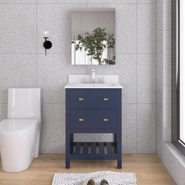 JimsMaison 24 in. W x 19 in. D x 37 in. H Single Sink Freestanding Bath Vanity in Navy Blue w/ White Engineered Stone Composite Top