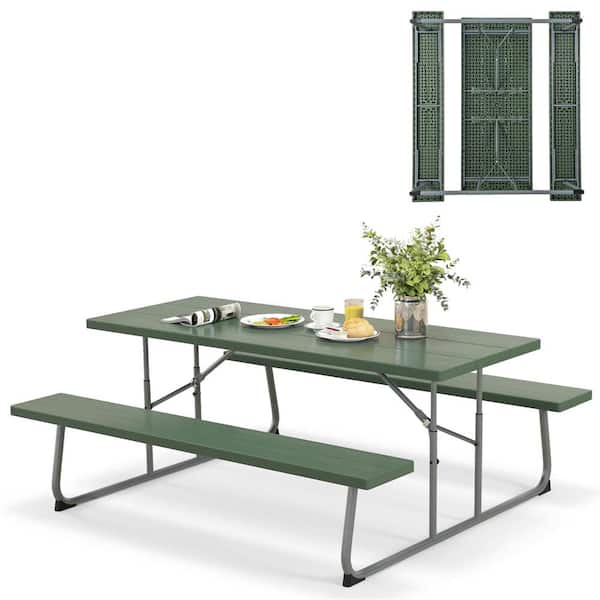 Costway 72 in. Green Rectangle Metal Picnic Tables Seats 8 with Umbrella Hole