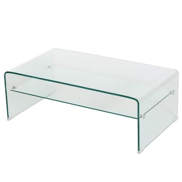 Noble House 40 in. Clear Rectangle Glass Top Coffee Table with Shelf
