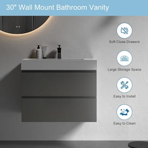 NOBLE 30 in. W x 18 in. D x 25 in. H Single Sink Floating Bath Vanity in Gray with White Solid Surface Top (No Faucet)