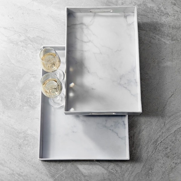 American Atelier Marble Finished Serveware Serving Trays With Silver Rim (Set of 2)
