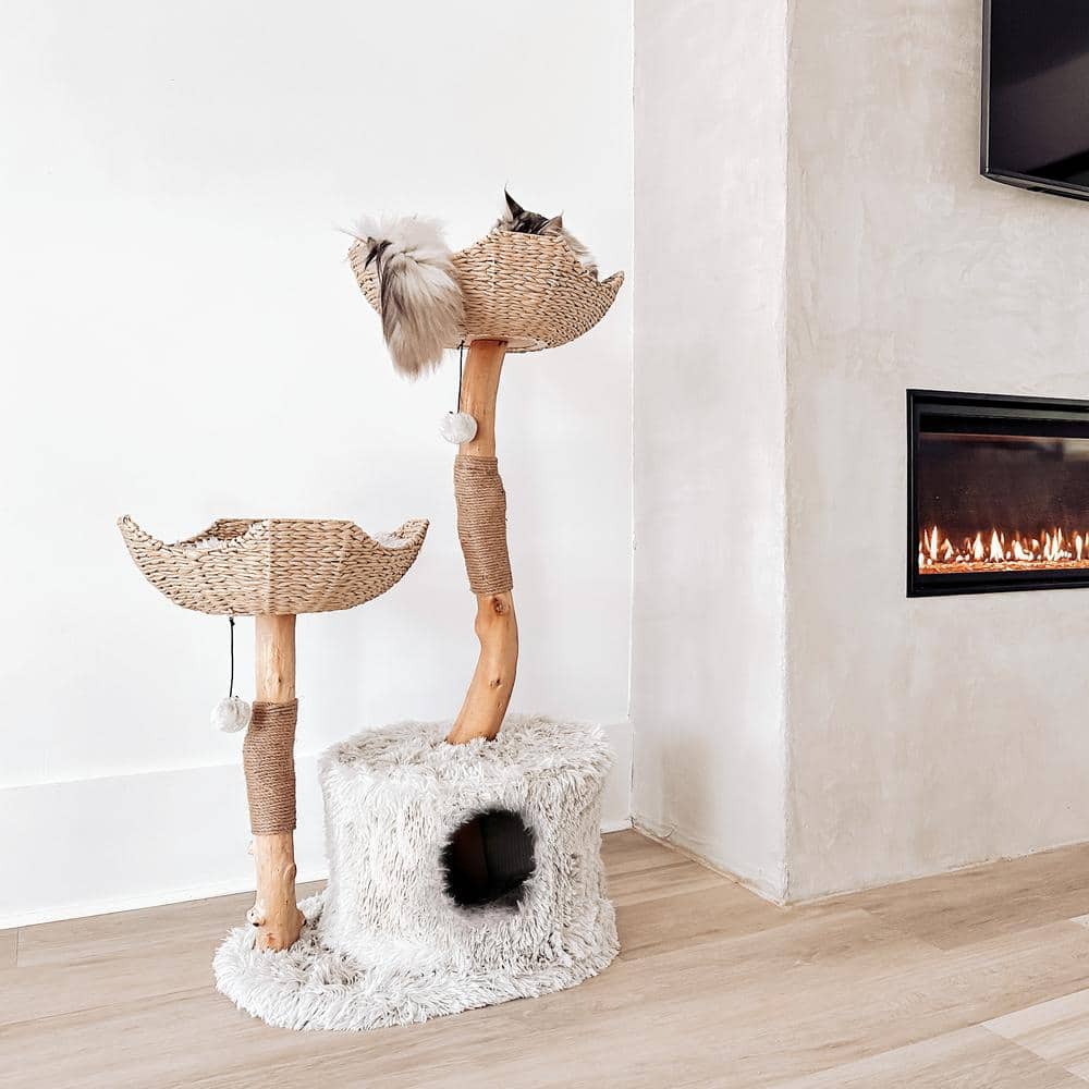 Handmade Grey Woven Rattan and Wood Cat Tree