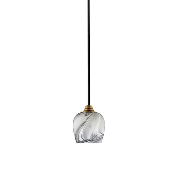 Unbranded Madison 100-Watt 1-Light Matte Black and Brass Shaded Pendant Light with 6 in.  Onyx Swirl Shade, No Bulb Included
