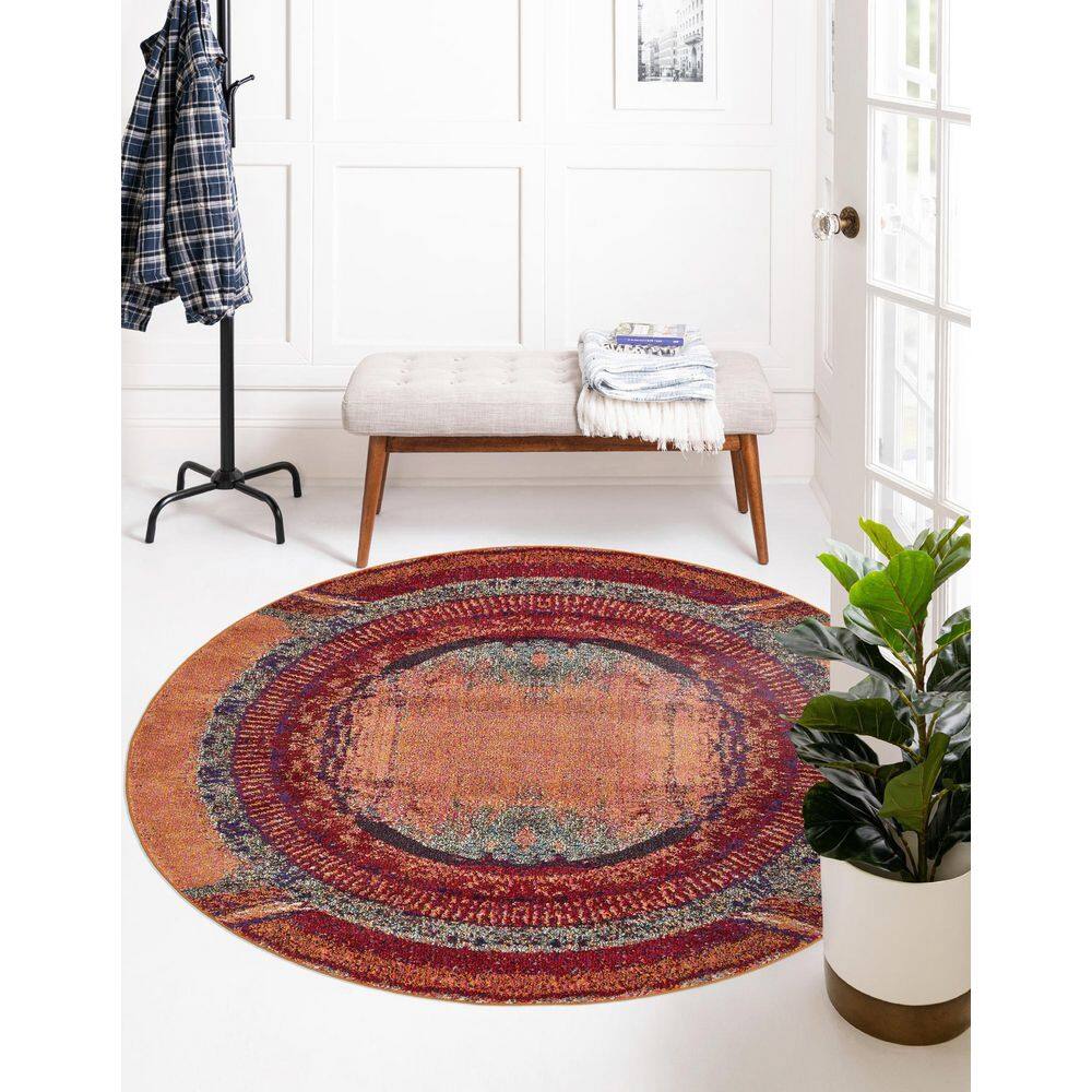 6' Round Orange and Black Abstract Synthetic Rug