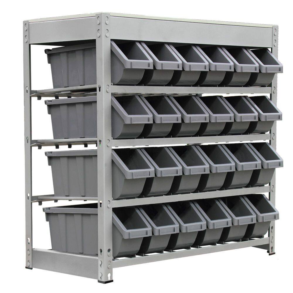 Compact 4-Tier Gray Metal Organizer Shelving with 24 Bins