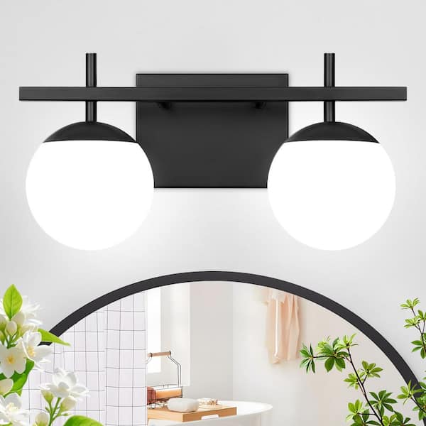 ZSMIHDOH 14.6 in. 2-Light Black Vanity Light with White Frosted Glass Shades