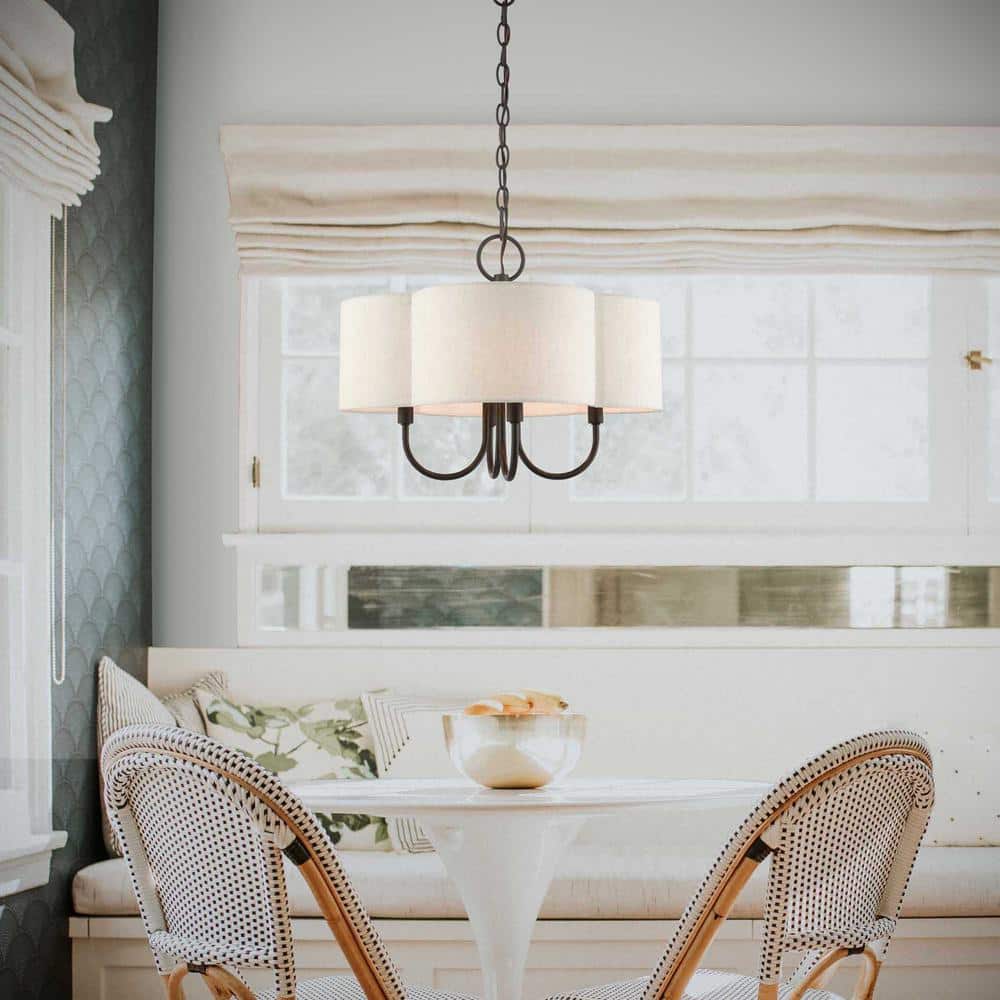 English Bronze Solstice Drum Chandelier with Oatmeal Shade