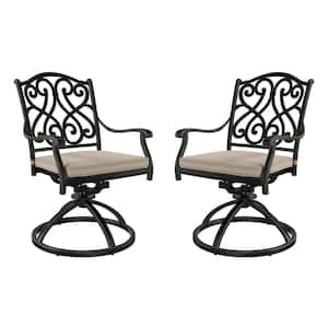Set of 2 Cast Aluminum Outdoor Patio Vintage Carved Swivel Chairs Dining Chair with Beige Cushion