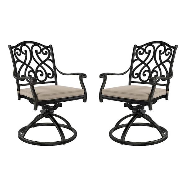 Clihome Set of 2 Cast Aluminum Outdoor Patio Vintage Carved Swivel Chairs Dining Chair with Beige Cushion