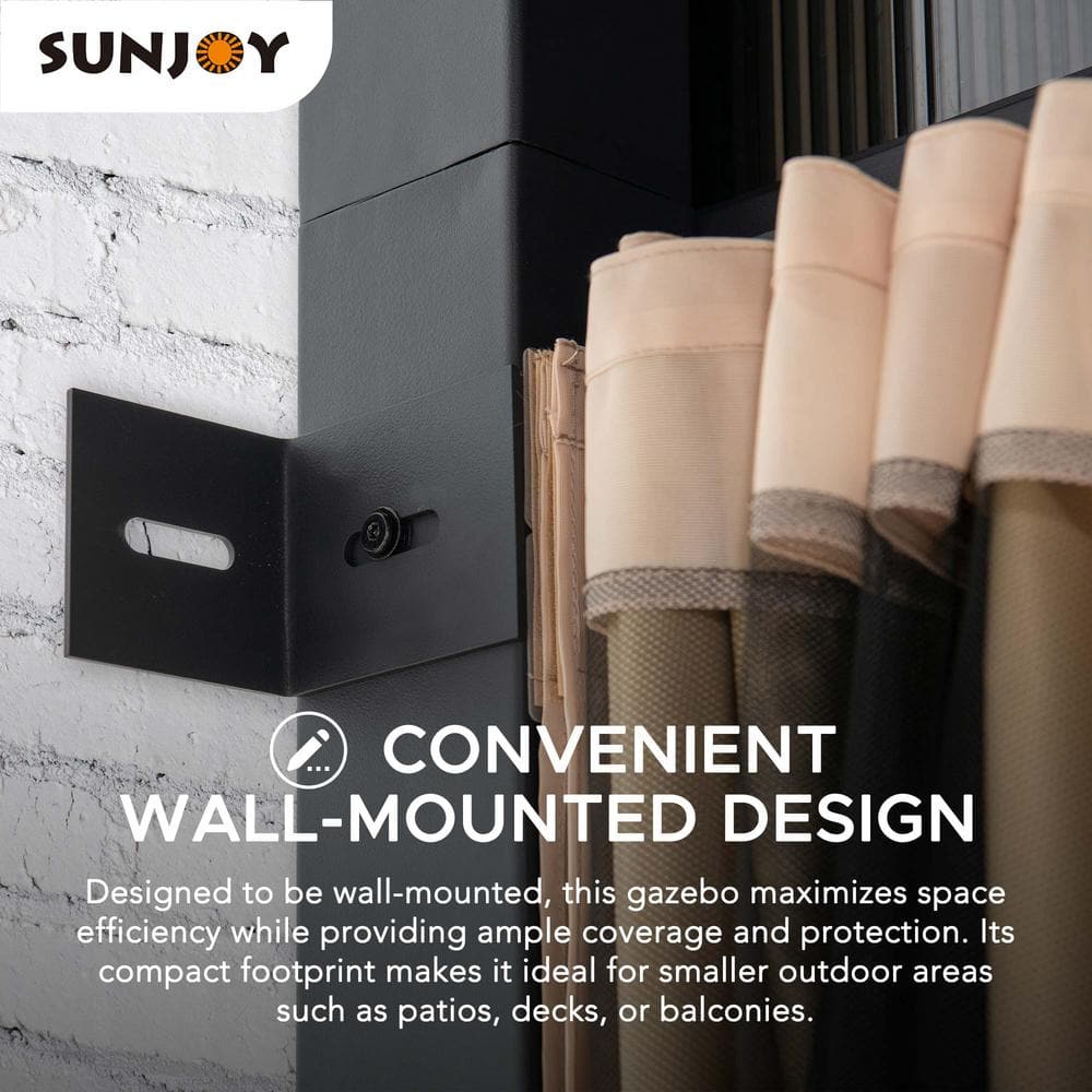 Sunjoy 10 x 12 ft Black Aluminum Wall-Mounted Gazebo with Curtains
