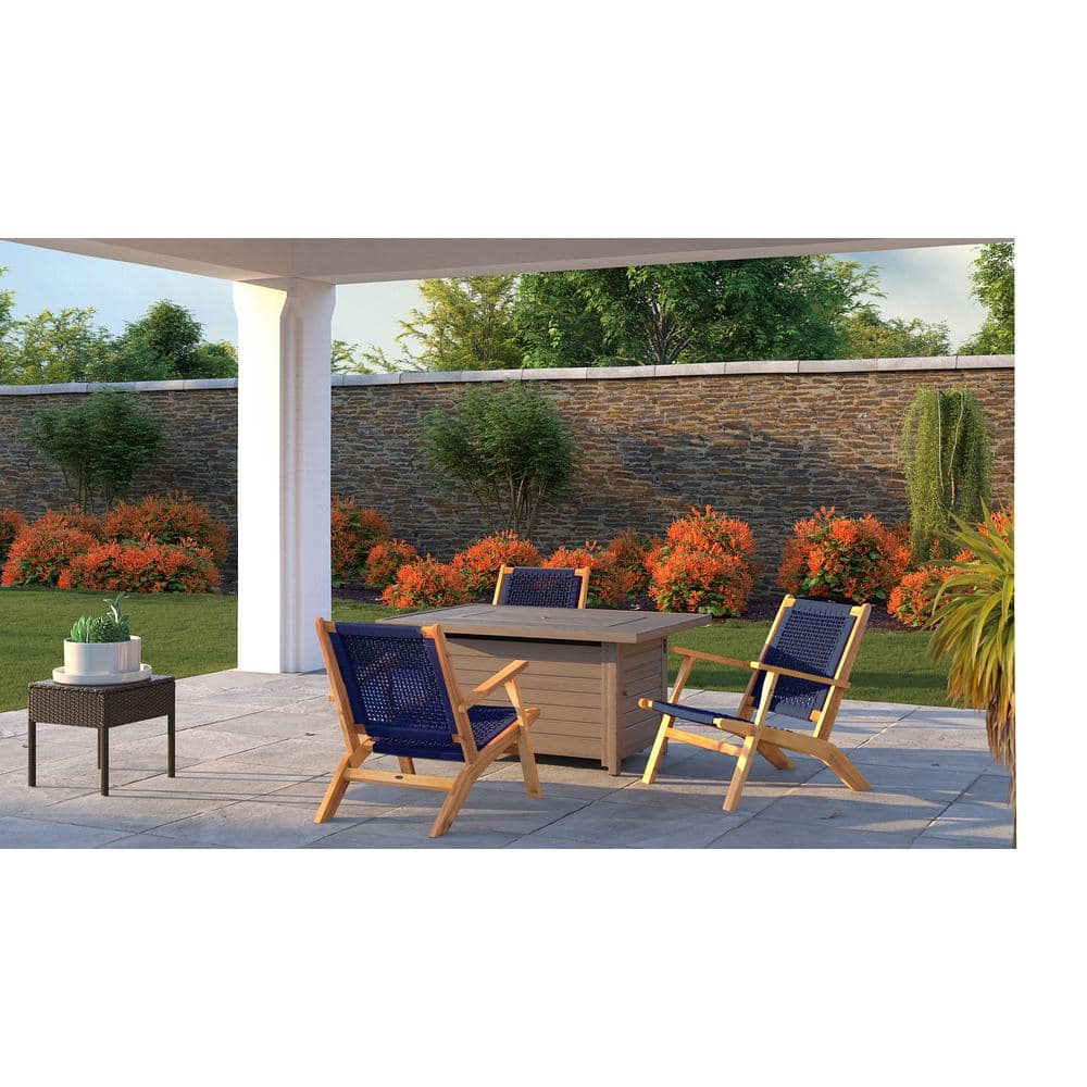 Vega Midcentury Natural Acacia Wood Outdoor Chair with Navy Blue Cording