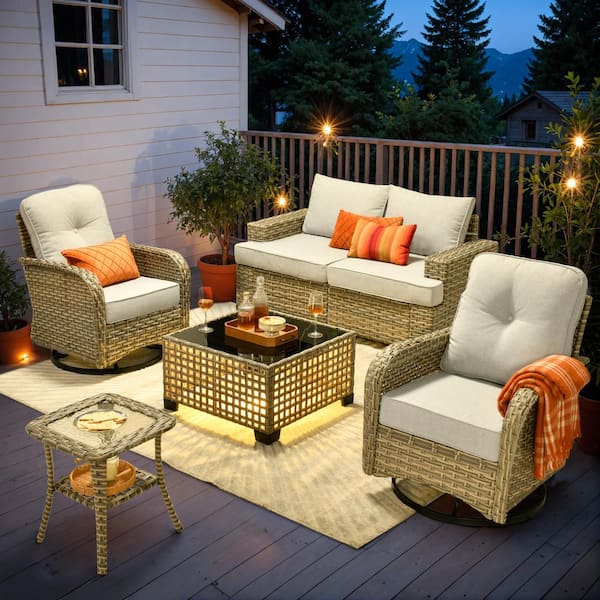 Tiberte Gray 6-Piece Wicker Patio Conversation Seating Set with Gray Cushions and Swivel Chairs