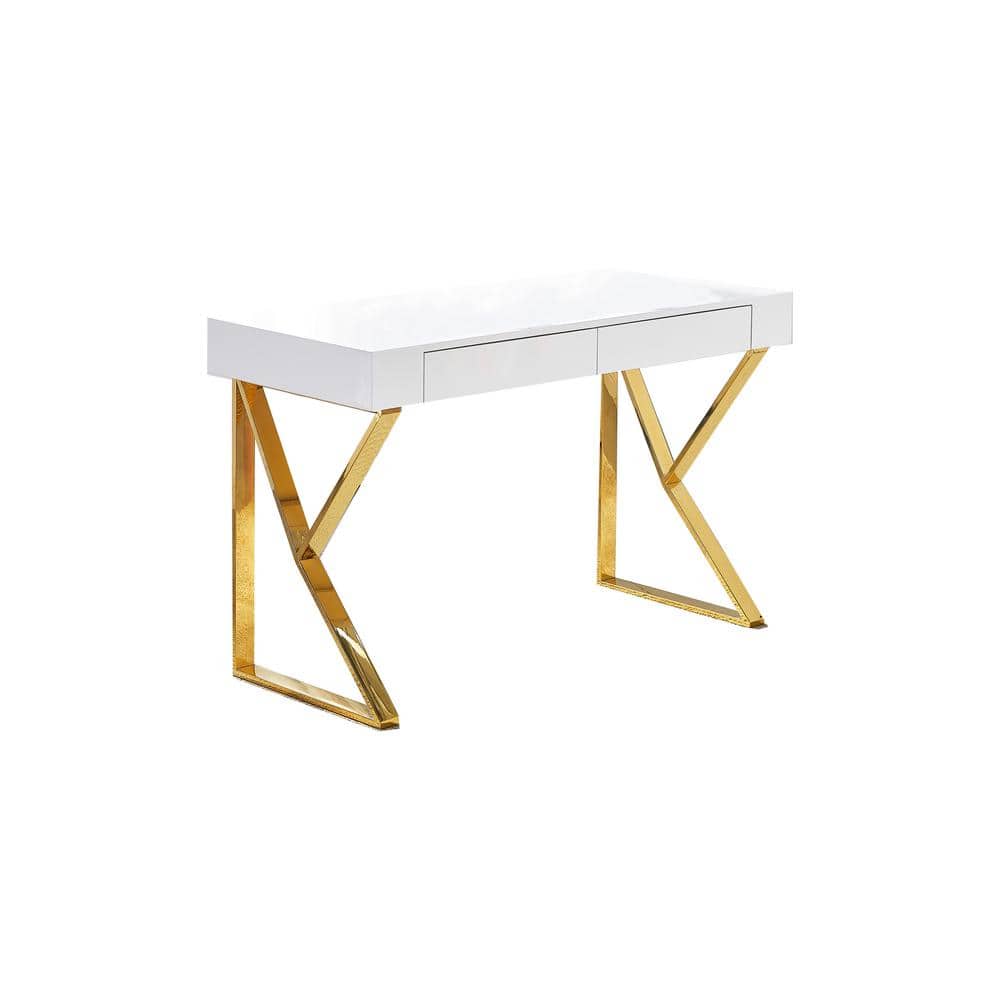 Modern White Lacquer Wood Computer Desk with Stainless Steel Base, 47"
