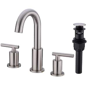 2-Handle 8 in. Widespread Brass Bathroom Sink Faucet with Pop Up Drain and CUPC Water Supply Hoses, Brushed Nickel