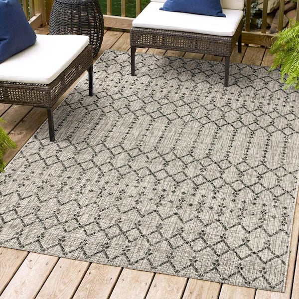 Ourika Moroccan Geometric Textured Weave Light Gray/Black 9 ft. x 12 ft. Indoor/Outdoor Area Rug